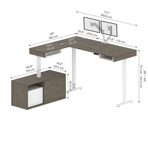 81W L-Shaped Standing Desk with Dual Monitor Arm and Credenza