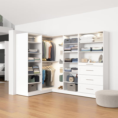 Modular L-Shaped Closet System with Shelves, Drawers, Clothing Rods & LED Lights, Shaker Style, 105W x 61D