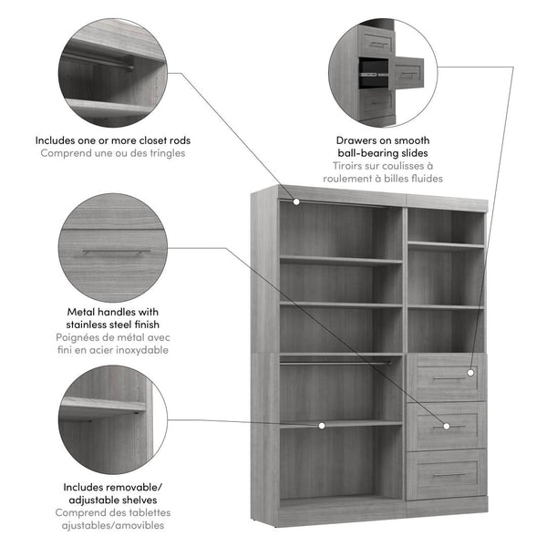 Contemporary Closet System with Shelves, Drawers & Clothing Rods, 61W x 19D
