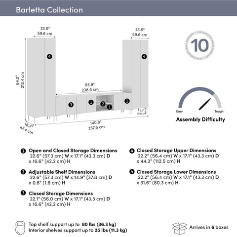 141W Modular Entertainment Center with TV Stand, Storage Cabinet, and Tall Storage Cabinets