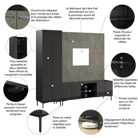 94W Modular Entertainment Center with TV Stand, Tall Storage Cabinet, and Small Wall Panel