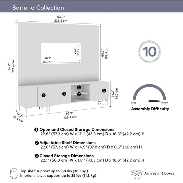 94W Modular Entertainment Center with TV Stand, Storage Cabinet, and Large Wall Panel