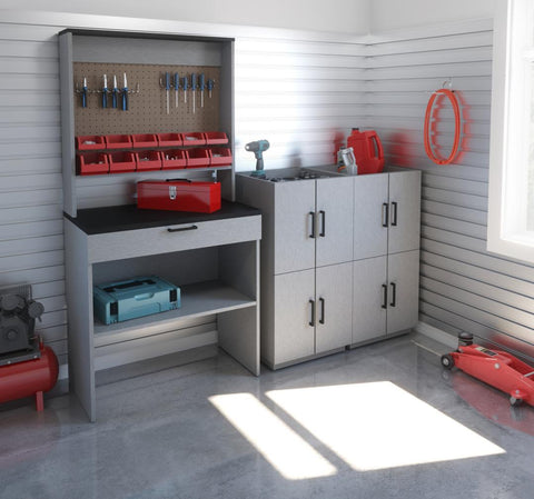 7-Piece Set including a Workbench with Pegboard and Stackable Storage Cabinets