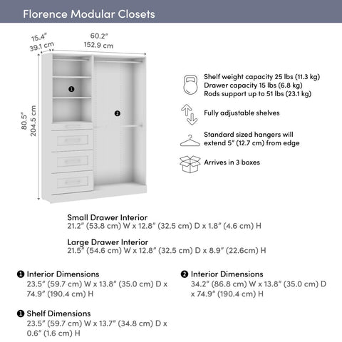Modular Closet System with Shelves, Drawers & Clothing Rods, Shaker Style, 61W x 16D