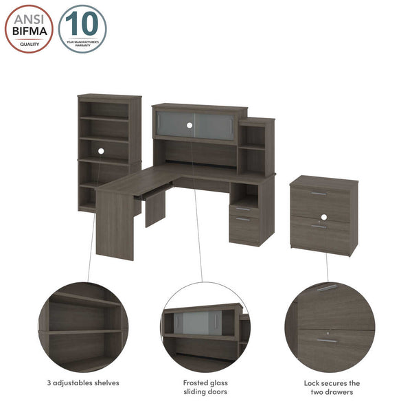 65W L-Shaped Desk with Hutch, Lateral File Cabinet, and Bookcase