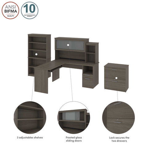 65W L-Shaped Desk with Hutch, Lateral File Cabinet, and Bookcase