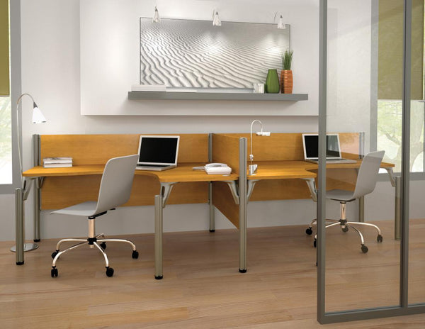 Two Side-by-Side L-Shaped Office Cubicles with Low Privacy Panels