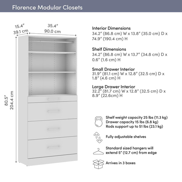 Modular Closet System with Shelves, Drawers & Clothing Rod, Slab Style, 36W x 16D