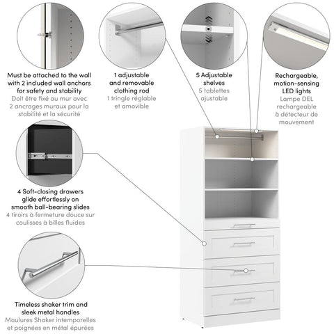 Modular Closet System with Shelves, Drawers & LED Light, Shaker Style, 36W x 25D