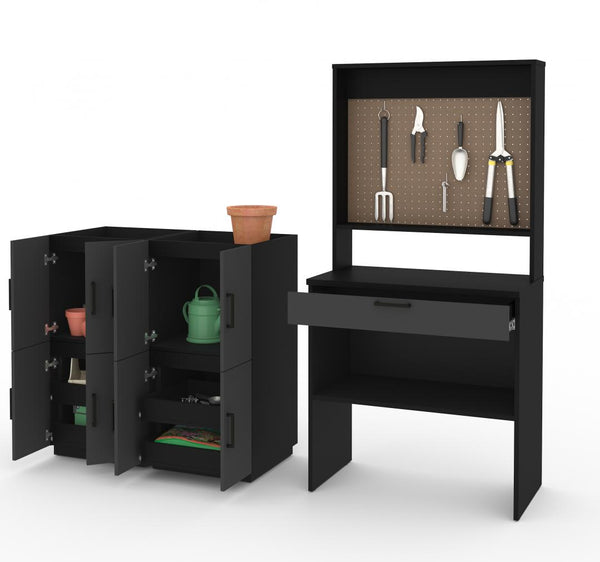 7-Piece Set including a Workbench with Pegboard and Stackable Storage Cabinets