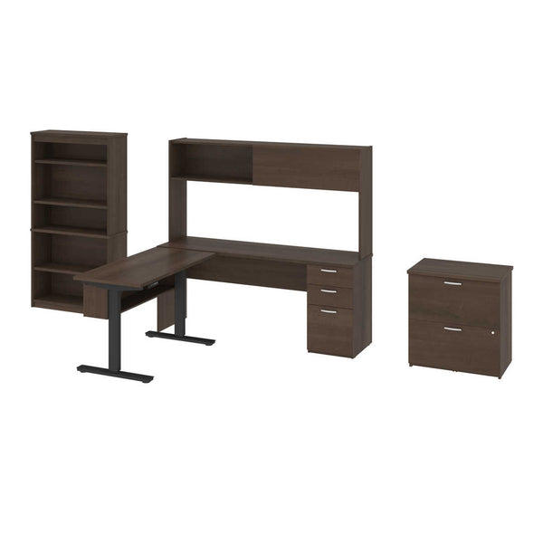 4-Piece set including a standing desk, a credenza desk with hutch, a lateral file cabinet, and a bookcase