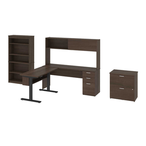 4-Piece set including a standing desk, a credenza desk with hutch, a lateral file cabinet, and a bookcase