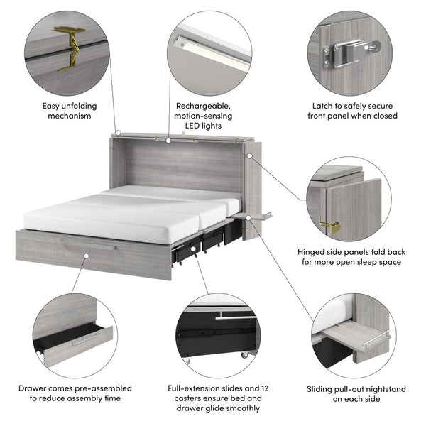 63W Queen Murphy Cabinet Bed with Pullout Drawer and Mattress