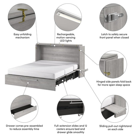 63W Queen Murphy Cabinet Bed with Pullout Drawer and Mattress