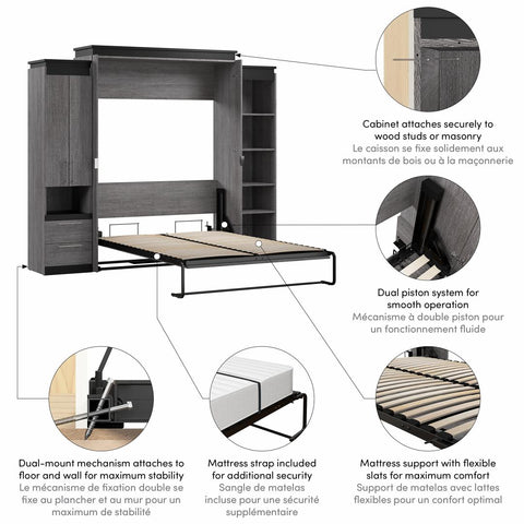 Queen Murphy Bed with Storage Cabinet and Shelves (106W)