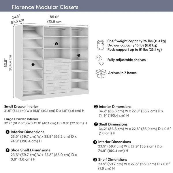 Modular closet System with Shelves, Drawers, Shoe Racks, Clothing Rods & LED Lights, Shaker Style, 85W x 25D