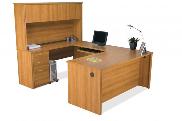 U-Shaped Executive Desk with Hutch, a Lateral File Cabinet, and a Bookcase