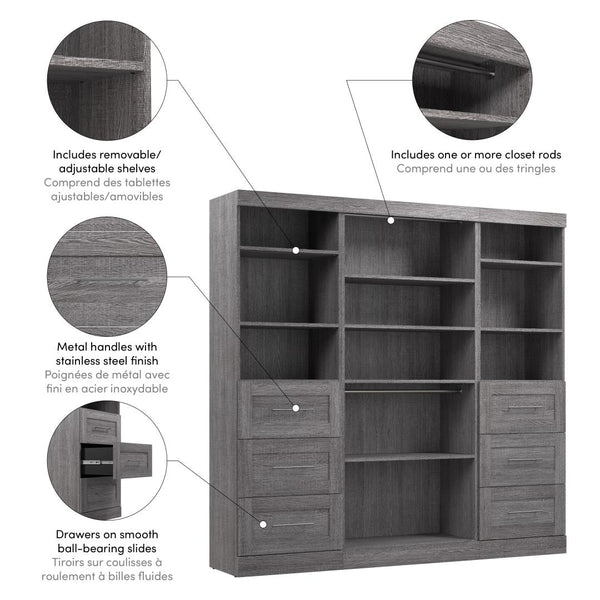 Contemporary Closet System with Shelves, Drawers & Clothing Rods, 86W x 19D