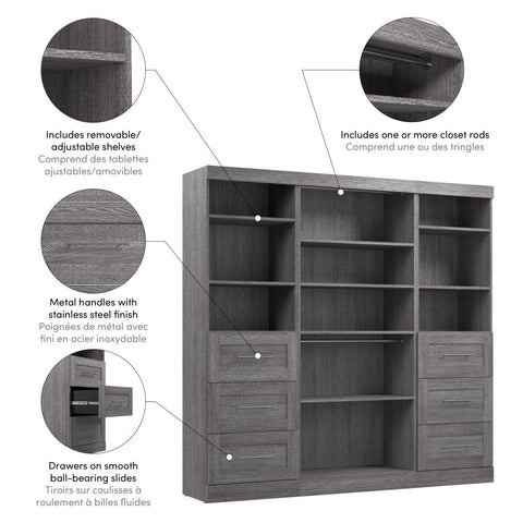 Contemporary Closet System with Shelves, Drawers & Clothing Rods, 86W x 19D