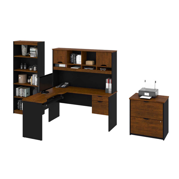 3-Piece set including an L-shaped desk with hutch, a lateral file cabinet, and a bookcase