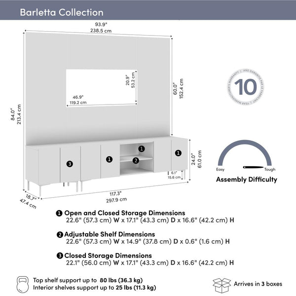 118W Modular Entertainment Center with TV Stand, Storage Cabinets, Hutch, and Large Wall Panel