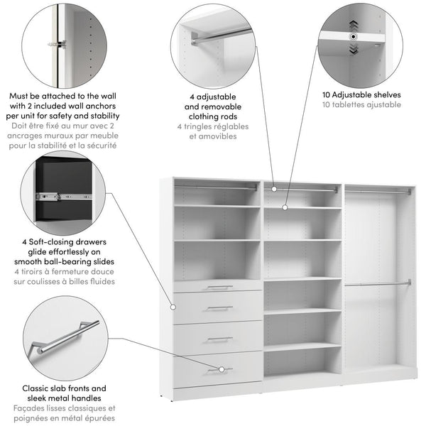 Modular Closet System with Shelves, Drawers & Clothing Rods, Slab Style, 107W x 16D