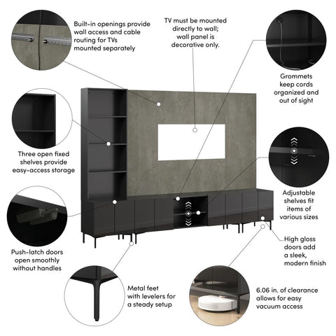 118W Modular Entertainment Center with TV Stand, Storage Cabinets, Hutch, and Large Wall Panel