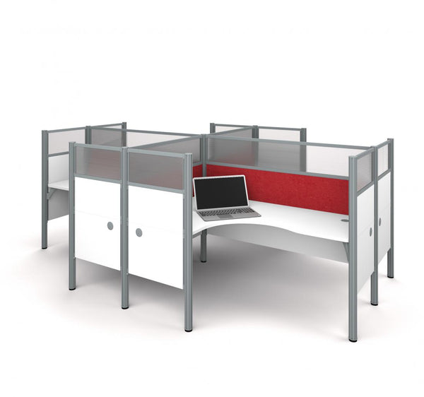 4-Person Office Cubicles with Red Tack Boards and High Privacy Panels