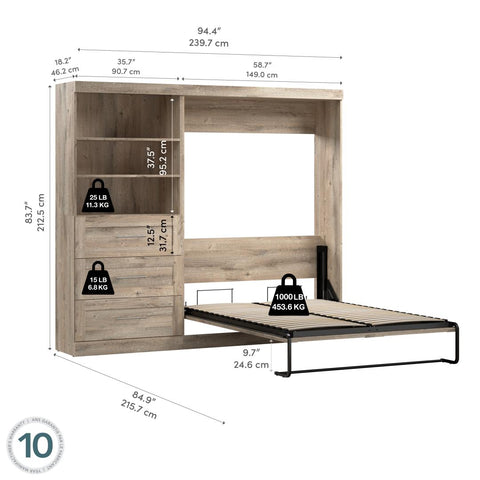 Full Murphy Bed and Shelving Unit with Drawers (95W)
