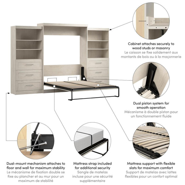 Queen Murphy Bed and 2 Shelving Units with Drawers (136W)