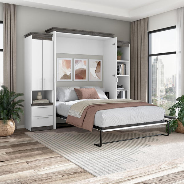 Queen Murphy Bed with Storage Cabinet and Tall Shelf with Drawers (106W)