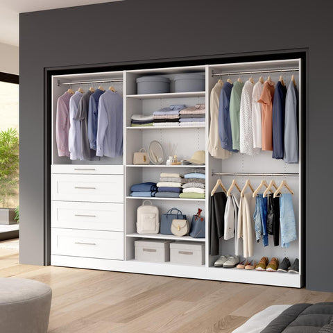 Modular Closet System with Shelves, Drawers & Clothing Rods, Shaker Style, 107W x 16D