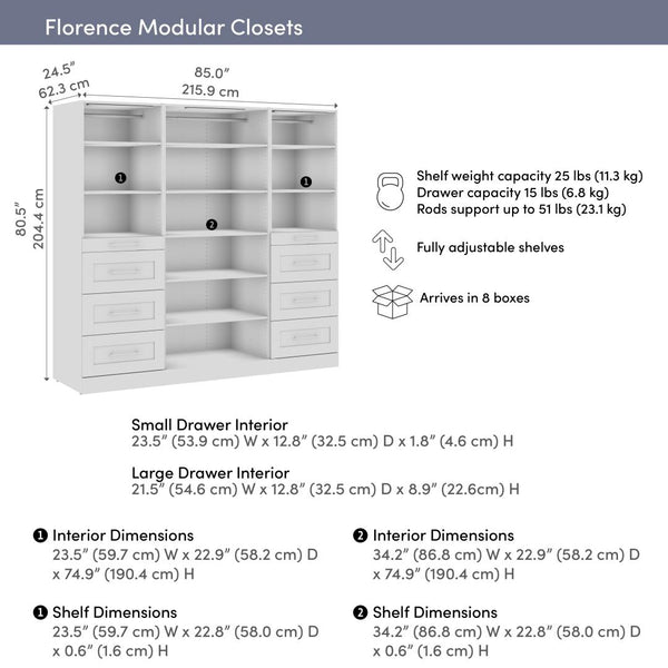 Modular Closet System with Shelves, Drawers, Clothing Rods & LED Lights, Shaker Style, 85W x 25D