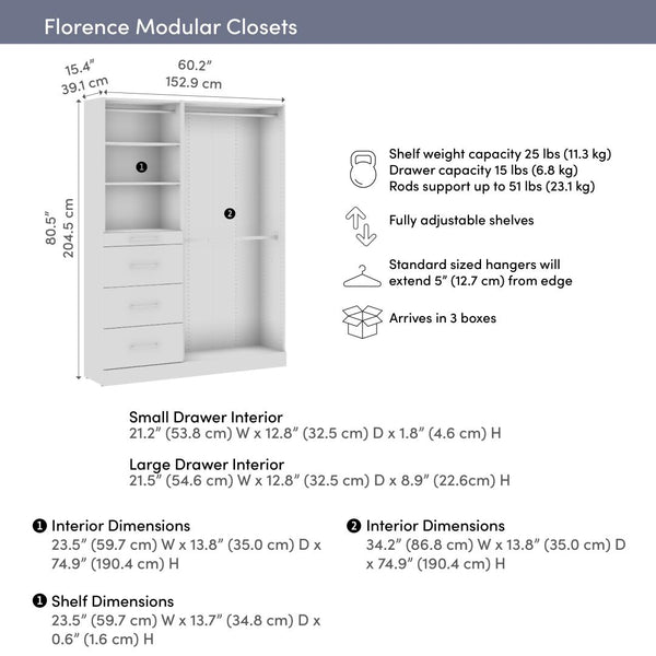 Modular Closet System with Shelves, Drawers & Clothing Rods, Slab Style, 61W x 16D