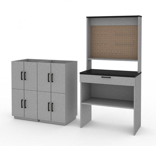 7-Piece Set including a Workbench with Pegboard and Stackable Storage Cabinets