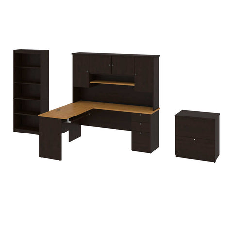 3-Piece set including an L-shaped desk with hutch, a lateral file cabinet, and a bookcase