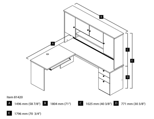 3-Piece set including an L-shaped desk with hutch, a lateral file cabinet, and a bookcase