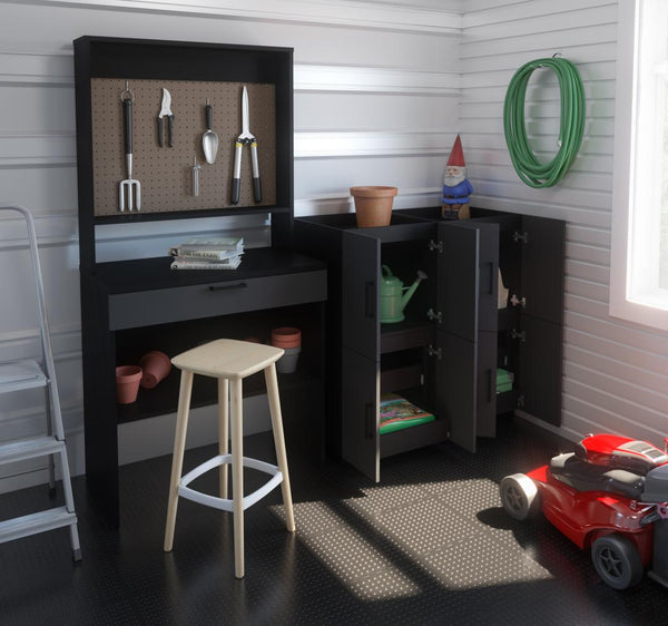 7-Piece Set including a Workbench with Pegboard and Stackable Storage Cabinets