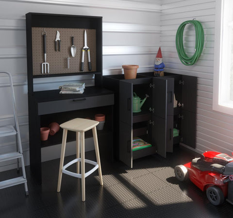 7-Piece Set including a Workbench with Pegboard and Stackable Storage Cabinets