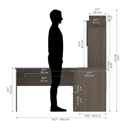65W L-Shaped Desk with Hutch, Lateral File Cabinet, and Bookcase