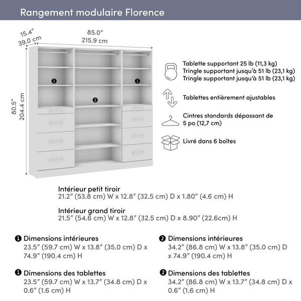Modular Closet System with Shelves, Drawers & Clothing Rods, Slab Style, 85W x 16D