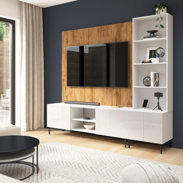 94W Modular Entertainment Center with TV Stand, Storage Cabinet, Hutch, and Small Wall Panel