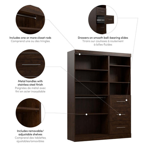 Contemporary Closet System with Shelves, Drawers & Clothing Rods, 61W x 19D