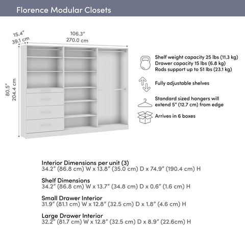 Modular Closet System with Shelves, Drawers & Clothing Rods, Slab Style, 107W x 16D