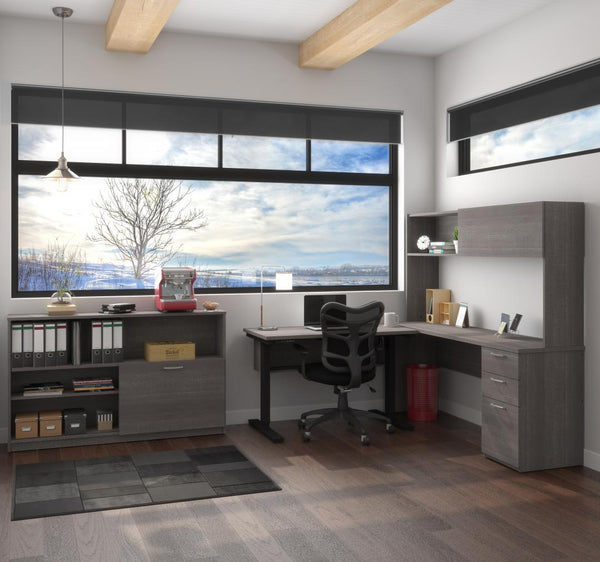 3-Piece set including a standing desk, a desk with hutch, and a credenza