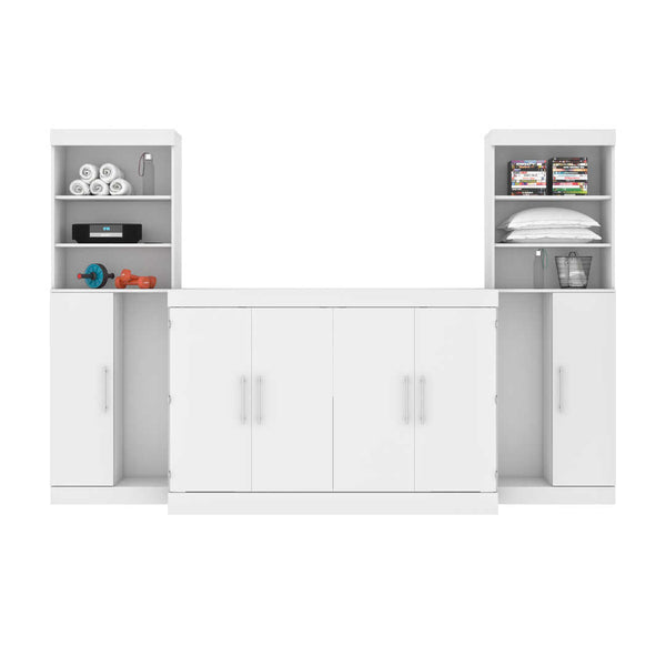 5-Piece Set Including One Queen Cabinet Bed with Mattress, Two 26″ Storage Units, and Two Hutches