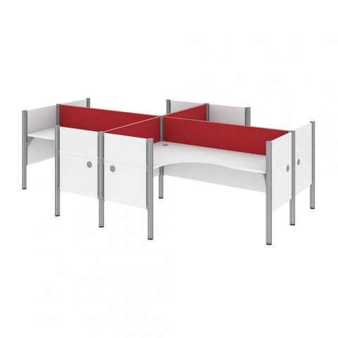 4-Person Office Cubicles with Red Tack Boards and Low Privacy Panels