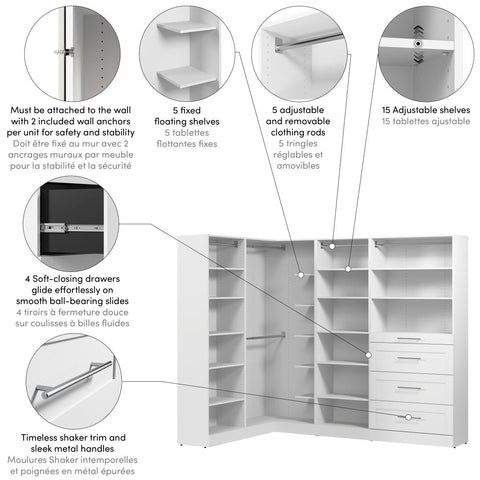 Modular L-Shaped Closet System with Shelves, Drawers & Clothing Rods, Shaker Style, 95W x 61D