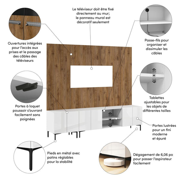 94W Modular Entertainment Center with TV Stand, Storage Cabinet, and Large Wall Panel