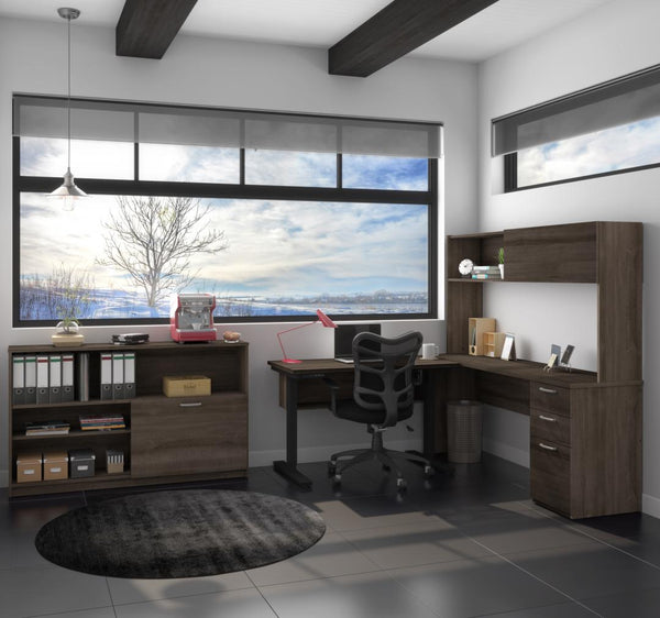 3-Piece set including a standing desk, a desk with hutch, and a credenza